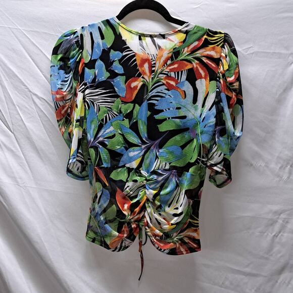 Touch Me sheer Multicolor Leaf pattern 1/2 Sleeve Ruched  Puff sleeve V-Neck LG - Picture 2 of 11